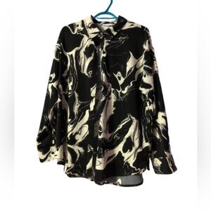 Retro Abstract Black and Cream Button-Up Blouse